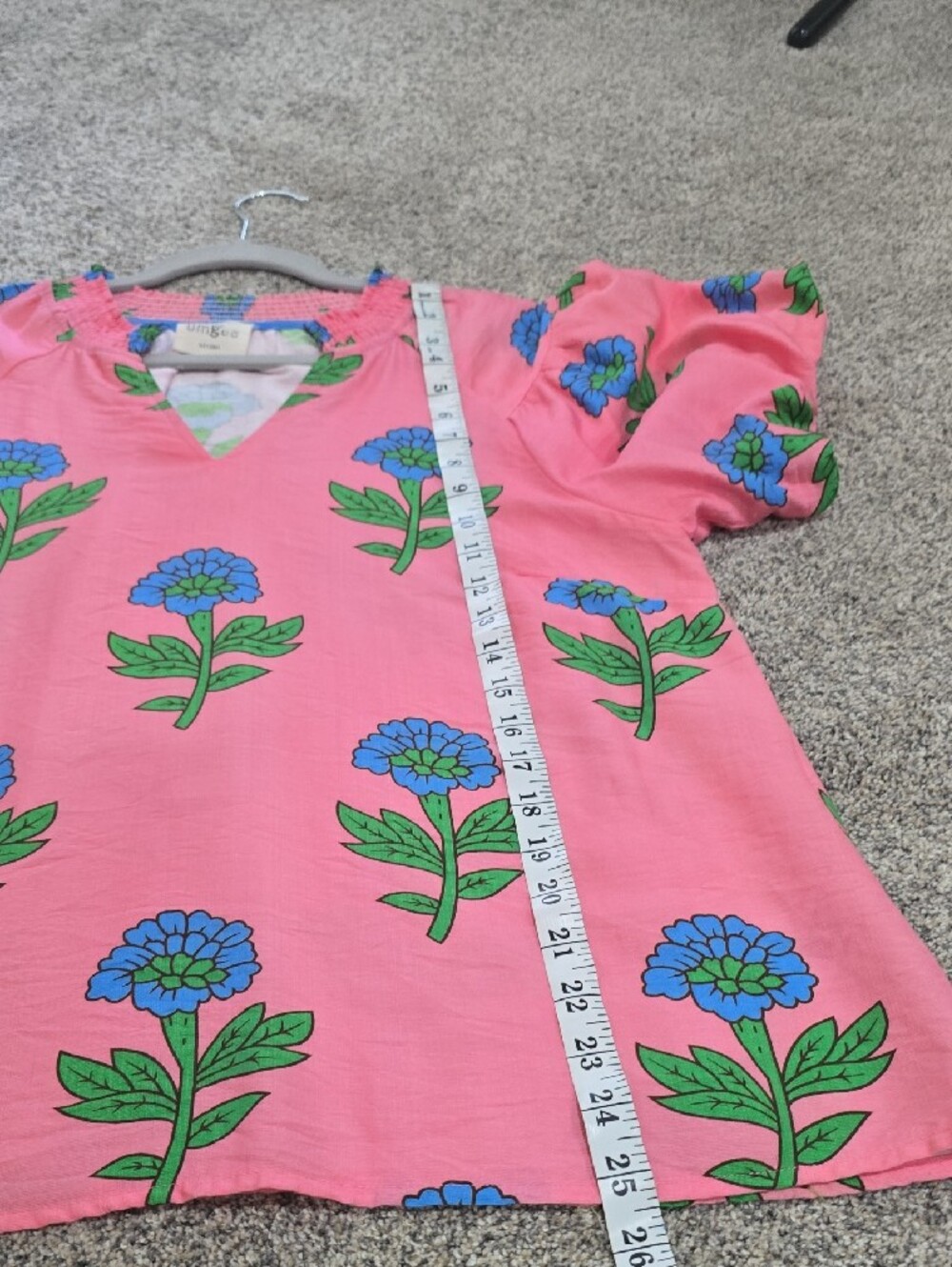 Umgee Pink Floral Smocked V-Neck Short Sleeve Blouse - Picture 8 of 9
